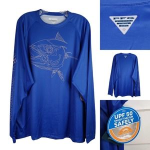 Columbia PFG Men’s Large Blue Fish Logo Print Omni-Shade Wick LS T-Shirt UPF 50